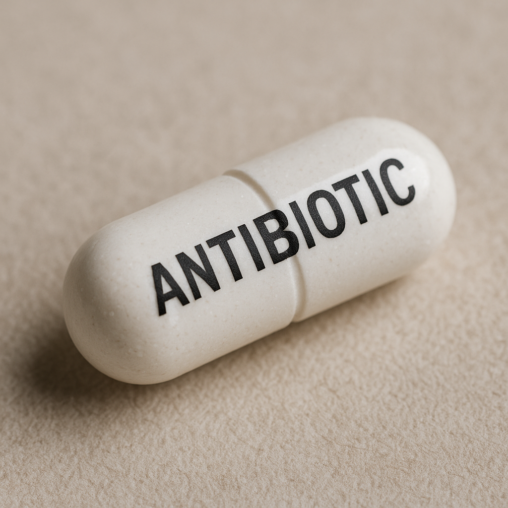 Illustration of a prescription bottle and pills, representing antibiotic treatment